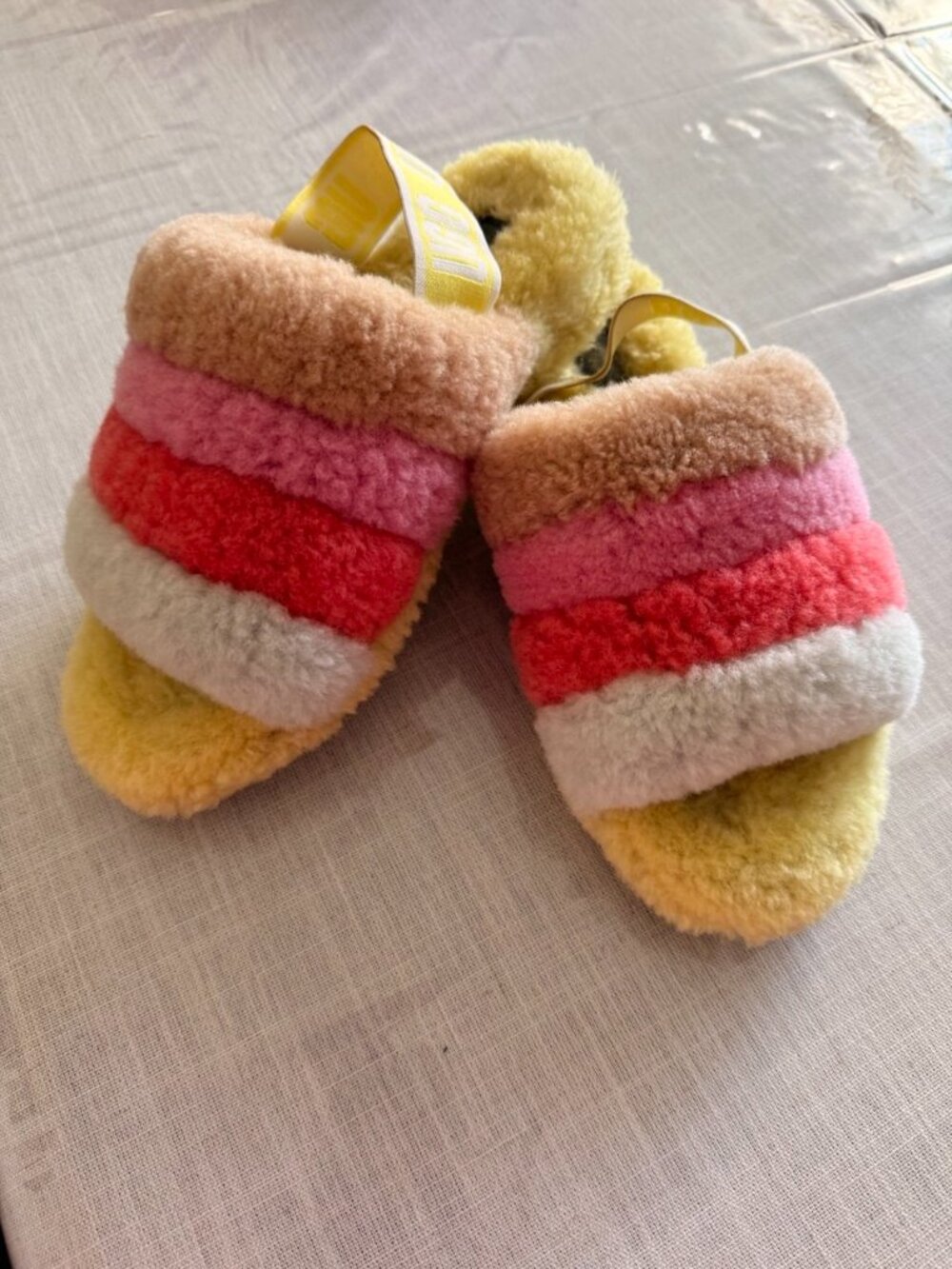 UGG Fluff Yeah Slide Colorblock Striped Sheepskin Slippers
